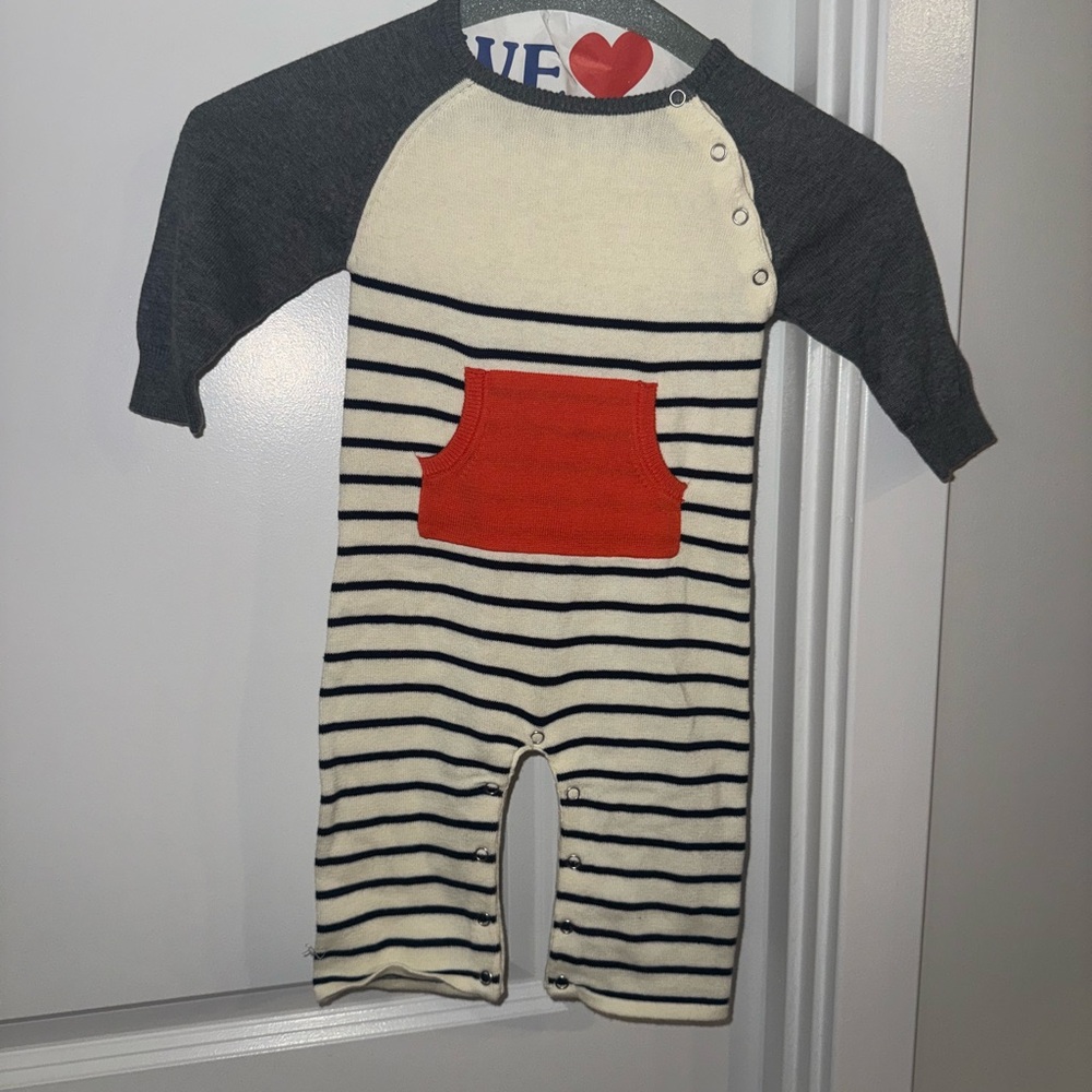 Toobydoo Gray and Cream Striped One Piece with Red Pocket